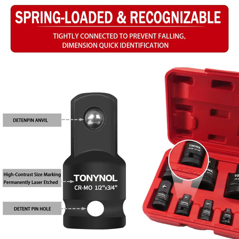 Pro Grade Eight Piece Impact Socket Adapter And Reducer Set With Heavy Duty Steel Build demonstrating spring-loaded anvil and laser etching.