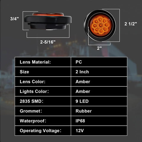 Dimensions and specifications of Amber 2 Inch Round Sealed LED Clearance Marker Light Kit With 9 Bright LEDs showing size and waterproof rating.