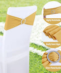 Gold spandex chair sash with silver-plated buckle and slider, front view, 30pc set.