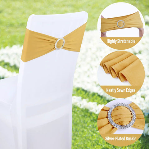 Gold spandex chair sash with silver-plated buckle and slider, front view, 30pc set.