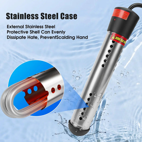 Portable 2000W Immersion Water Heater With Automatic Safety Shutoff Dead Simple Setup For Small Pool Foot Bath Rubber Tub And Camping showing stainless steel casing with water droplets.
