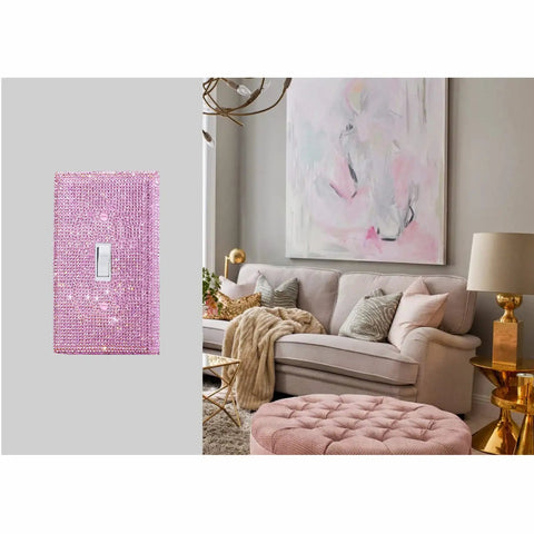 Pink Rhinestone Wall Plate Light Switch Cover for Single Toggle in living room decor, 2.75 by 4.5 inches.