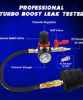 Front view of turbo boost leak tester with gauge, regulator, ball valve, red lever, hose and four pairs of stepped adapters.