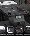 Badass Compact Four In One Mini Table Saw With LED Voltage Display, adjustable scale and dust protection for accurate cuts.