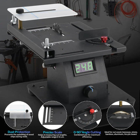 Badass Compact Four In One Mini Table Saw With LED Voltage Display, adjustable scale and dust protection for accurate cuts.