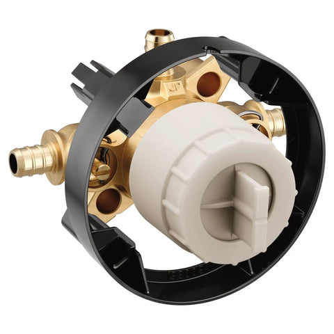 MCORE 3 Port Shower Mixing Valve With Crimp Ring PEX Connections And Integrated Stops in black mounting bracket
