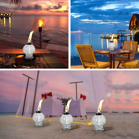 Four Pack Clear Glass Table Top Torches For Outdoors Mini Citronella Lanterns Easy Refill Lit Patio Yard Party Lighting