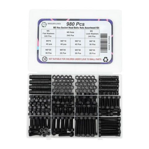 980 Piece M5 Hex Socket Head Cap Screws Set With Nuts And Washers Including M5x8mm Through M5x35mm Fasteners And 245 Nuts 245 Washers For Heavy Duty 3D Printer CNC Frames DIY Projects, assorted black steel screws, nuts, and washers in organizer