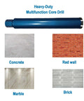 Blue 2-inch diamond laser-welded core drill bit for wet drilling; tested on 4 materials: concrete, red brick, marble, brick.