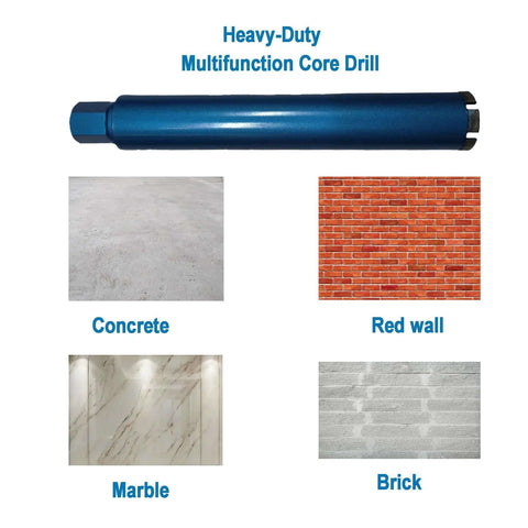 Blue 2-inch diamond laser-welded core drill bit for wet drilling; tested on 4 materials: concrete, red brick, marble, brick.