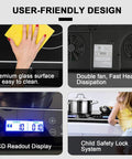User-friendly features of Duxtop Portable Double Induction Cooktop With 1800W Digital Electric Burner, including LCD display and safety lock.