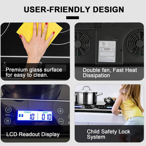 User-friendly features of Duxtop Portable Double Induction Cooktop With 1800W Digital Electric Burner, including LCD display and safety lock.