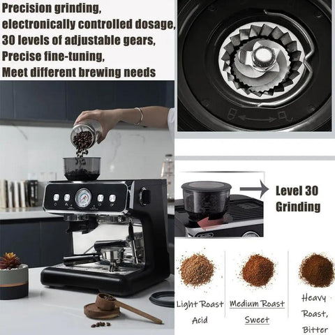 Top Tier Automatic Espresso Machine With Built In Conical Burr Grinder And Adjustable Coarseness For Home Baristas Cranking Out Rich Lattes Morning Fuel, showing precision grinding features.