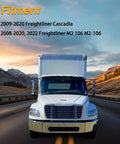 White Freightliner Cascadia truck driving on scenic road, fitment text for 2009-2020 Cascadia, 2008-2020, 2022 M2 106 displayed.