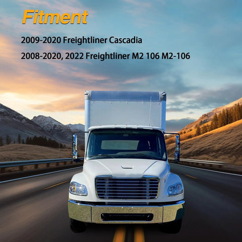 White Freightliner Cascadia truck driving on scenic road, fitment text for 2009-2020 Cascadia, 2008-2020, 2022 M2 106 displayed.