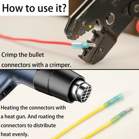 Demonstration of using a crimper and heat gun with 130Pcs Heat Shrink Bullet Wire Connectors Kit Waterproof Marine Grade Terminals