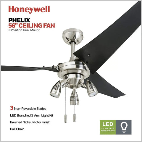 56 Inch Modern Ceiling Fan With LED Light And Pull Chain, Dual Mounting, Reversible Motor, High Performance Blades