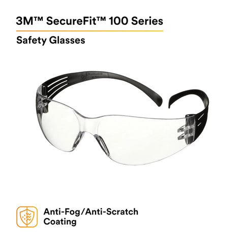 SecureFit 100 Series Safety Glasses 100 Pack On The Job With Anti Fog Anti Scratch Clear Lenses ANSI Z87 Impact Rated Black Temples