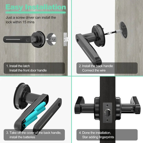 Fingerprint Door Lock With Handle Smart Biometric Keyless Entry installation steps shown in four images with detailed instructions.