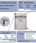 Stainless Steel Bar Sink Drop In 15 By 20 Inch Topmount Single Bowl Workstation Kitchen Sink For RV Office Laundry Wet Bar Outdoor Yard Built Tough 16 Gauge 3mm Rim with material specifications and measurements shown in diagram.