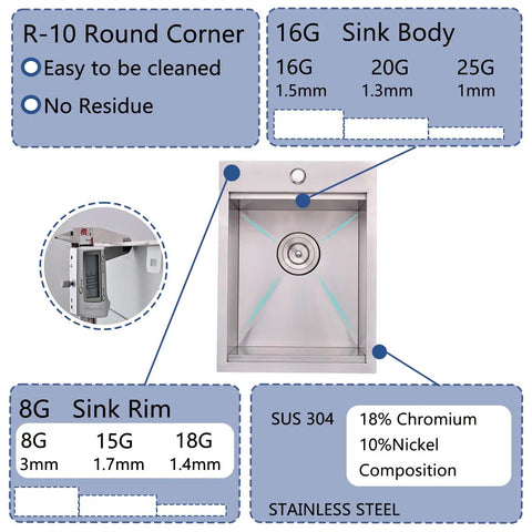 Stainless Steel Bar Sink Drop In 15 By 20 Inch Topmount Single Bowl Workstation Kitchen Sink For RV Office Laundry Wet Bar Outdoor Yard Built Tough 16 Gauge 3mm Rim with material specifications and measurements shown in diagram.