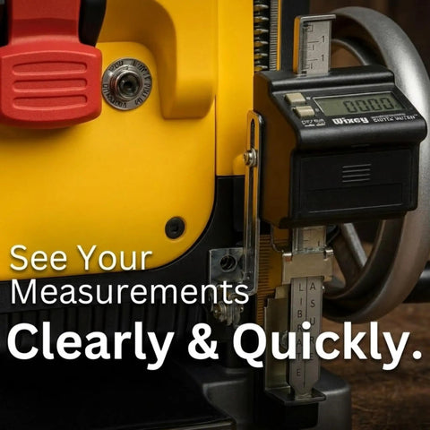 Side view of a Digital Planer Gauge With Electronic Readout For Woodworking attached to a wood planer, showing electronic display.