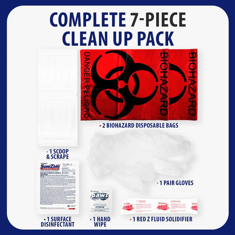 Complete 7-piece Top Tier Blood Spill Kit And Bodily Fluid Cleanup Set Featuring Heavy Duty Absorbent Powder for safe disposal.