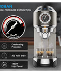 Premium 20 Bar Semi Automatic Coffee Maker With Stainless Steel Frother Wand showing pressure gauge and espresso extraction.