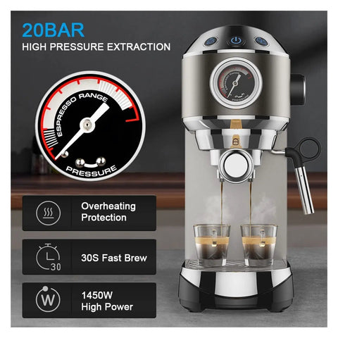 Premium 20 Bar Semi Automatic Coffee Maker With Stainless Steel Frother Wand showing pressure gauge and espresso extraction.