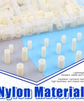 Nylon Spacer Go-To Assortment Kit 270Pcs For M3 To M6 Screws With White ABS Round Washers displayed in storage box