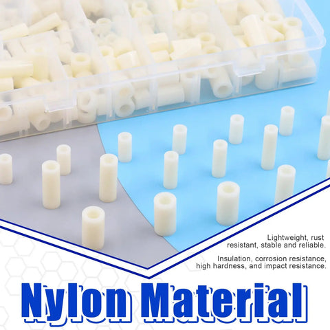 Nylon Spacer Go-To Assortment Kit 270Pcs For M3 To M6 Screws With White ABS Round Washers displayed in storage box