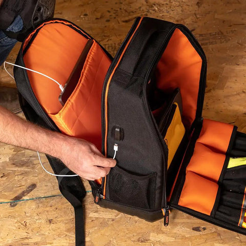 Open Workhorse 28 Pocket Laptop Tool Backpack For Tradesman Pro Extra Large Tech Gear showing interior pockets and USB port