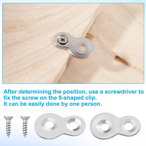 Rock Solid Figure 8 Table Top Fasteners With Screws, Hella Durable Heavy Duty Steel Connector mounted on wood.