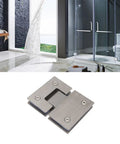 Heavy Duty Frameless Shower Door Hinge 180 Degree Turn Holds Up To 120 Lbs stainless steel hinge with transparent glass door in modern bathroom setting.
