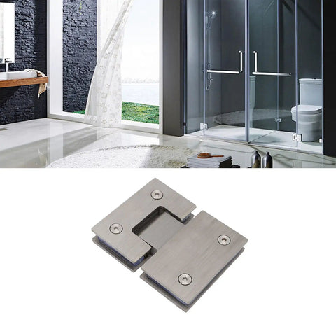 Heavy Duty Frameless Shower Door Hinge 180 Degree Turn Holds Up To 120 Lbs stainless steel hinge with transparent glass door in modern bathroom setting.
