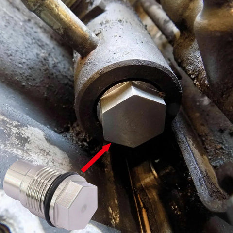 Fuel rail plug valve, stainless steel, M20x1.5; installed in Chevy/GMC 6.6L Duramax and Dodge 6.7L Cummins.