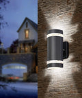 4 Pack Semi Cylinder Up And Down Outdoor Wall Lights In Aluminum, Waterproof IP65 Exterior Wall Lamps, 5W Each, 3000K Warm White, ETL Certified, Easy Install, mounted on brick wall.