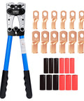 Heavy Duty Battery Cable Crimp Tool Kit Go To Eight To One Aught AWG Cables With Twelve Copper Lugs Three Eighths Inch Size Three To One Heat Shrink Tubing Ideal For RV Marine And DIY Wiring Projects showing crimp tool, copper lugs, and heat shrink tubes.