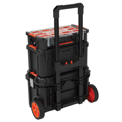 Workhorse Light Duty Modular Rolling Toolbox System With Telescopic Handle And Mobile Base With Two Rugged Rubber Wheels