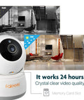 1080p WiFi Indoor Security Camera for Pet and Baby Monitor with night and day vision, shown with two-way audio feature