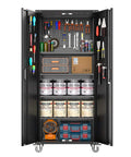Heavy Duty 72 Inch Locking Storage Cabinet With Wheels And Pegboard For Garage Workshop And Home Office Four Adjustable Shelves Tough As Nails Steel Construction Black Finish with tools and supplies inside