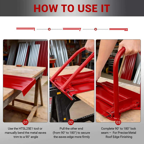 Step-by-step guide of Eaves Seam Bender for Roofer Pros and Metal Fab Pros in use, showing 90 to 180 Degree Final Fold process.