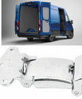 Heavy Duty Upper Rear Door Hinge Replacement Pair For Daily Trucks 2014 Plus, steel hinge close-up on blue commercial van.