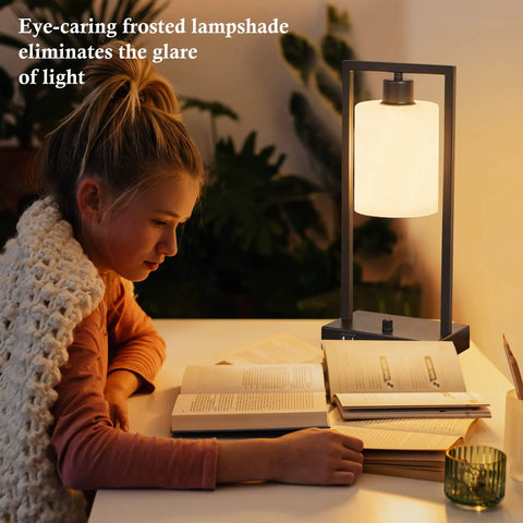 Industrial Table Lamp Set Of 2 Dimmable Nightstand Lamps With USB Ports And AC Outlet on a desk with books, soft glow