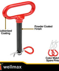 Two Pack Five Eighth Inch By Four And One Half Inch Steel Hitch Pins With Four Three Inch R Clips Clevis Pin Hitch With Rubber Coated Handle In Red Color For Secure Towing And Easy Quick Release