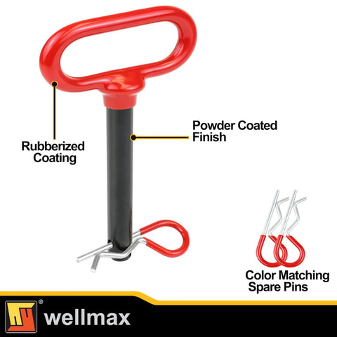 Two Pack Five Eighth Inch By Four And One Half Inch Steel Hitch Pins With Four Three Inch R Clips Clevis Pin Hitch With Rubber Coated Handle In Red Color For Secure Towing And Easy Quick Release