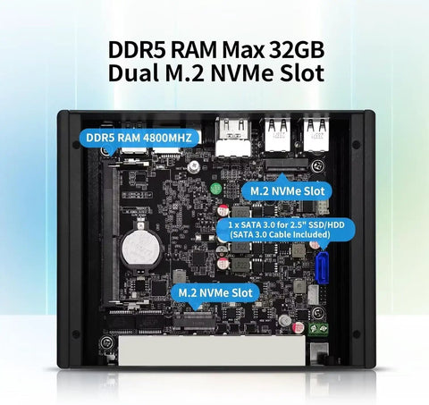 Intel N97 Fanless Mini Computers Networking Appliance Straight Up Easy Setup With Six 2.5GbE LanPorts Plus Ddr5 Ram And Nvme Storage showing DDR5 RAM and dual M.2 NVMe slots.