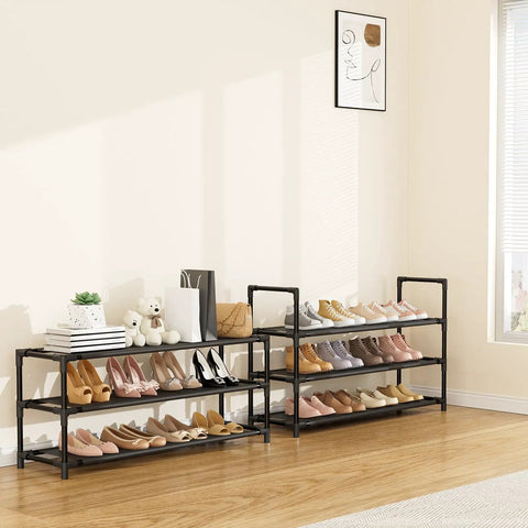 Hella Compact Six Tier Shoe Rack Organizer With Hook And Side Pocket Fits Twenty Four To Thirty Pairs Boots And Sneakers, black shoe organizer in entryway.