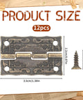12 Pcs Antique Brass Small Hinges For Jewelry Boxes And Wooden Cabinets With Screws, shown with size dimensions and decorative details.