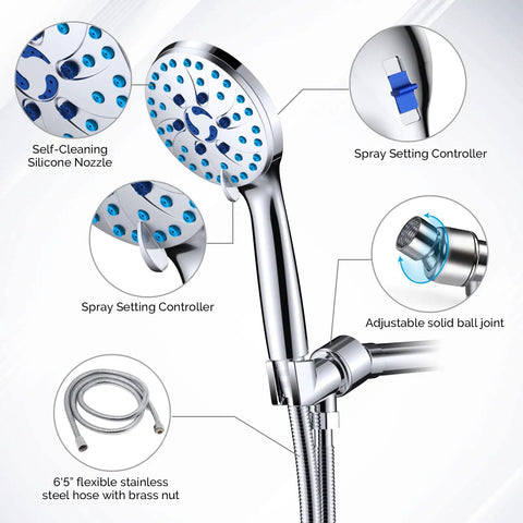 High Pressure Handheld Shower Head With 8 Mode Spray And Built In Power Wash, stainless steel, hose, nozzle details